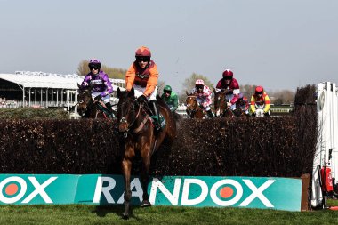 Bryan Carver 'ın bindiği Gidleigh Parkı, 3 Nisan 2025' te Aintree Yarış Pisti 'nde düzenlenen Randox Grand National 2025 Gün Açılış Günü' nde EBC Grubu Manifesto Novices 'in liderliğinde çitin üzerinden atladı.