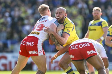Warrington Wolves 'dan James Harrison, 6 Nisan 2025' te Warrington, İngiltere 'deki Halliwell Jones Stadyumu' nda oynanan Betfred Challenge Kupası çeyrek final karşılaşmasında St. Hellenge 'den George Delaney' e karşı.