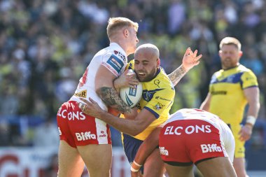 Warrington Wolves 'dan James Harrison, 6 Nisan 2025' te Warrington, İngiltere 'deki Halliwell Jones Stadyumu' nda oynanan Betfred Challenge Kupası çeyrek final karşılaşmasında St. Hellenge 'den George Delaney' e karşı.