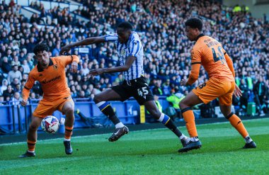 Hull City 'den Steven Alzate ve Sheffield' den Anthony Musaba, 5 Nisan 2025 'te Sheffield, Sheffield, İngiltere' deki Hull City 'ye karşı Çarşamba günü oynanan Gökyüzü İddia Şampiyonası karşılaşmasında top için mücadele ediyorlar.