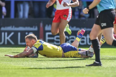 Warrington Wolves takımından Matt Dufty, 6 Nisan 2025 'te İngiltere' nin Warrington kentinde oynanan Betfred Challenge Kupası çeyrek final maçı Warrington Wolves 'a karşı St Helens maçında sahaya çıkıyor.