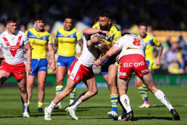 Warrington Wolves takımından Zane Musgrove, 5 Nisan 2025 'te Warrington, İngiltere' deki Halliwell Jones Stadyumu 'nda oynanan Betfred Challenge Kupası çeyrek final maçında mücadele etti.