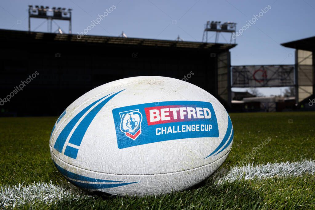The Bettered Challenge Cup match ball ahead of the Betfred Challenge Cup Quarter Final match Warrington Wolves vs St Helens at Halliwell Jones Stadium, Warrington, United Kingdom, 5th April 2025