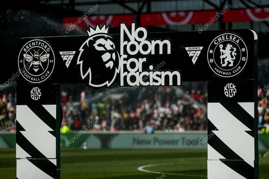 Brentford vs Chelseas No Room For Racism sign prior to  the Premier League match Brentford vs Chelsea at The Gtech Community Stadium, London, United Kingdom, 6th April 2025