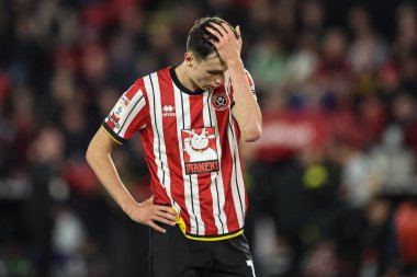 Sheffield United takımından Anel Ahmedhodi, 8 Nisan 2025 'te Bramall Lane, Sheffield, İngiltere' de oynanan ve Sheffield United 'ın Millwall' a karşı oynadığı maçta kafasını avuçlarının içinde tutuyor.