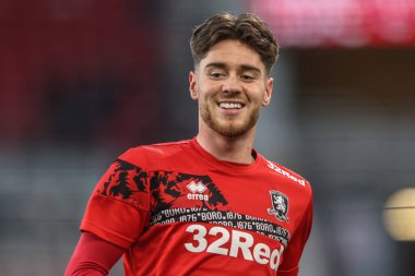 Middlesbrough takımından Hayden Hackney, 8 Nisan 2025 'te Middlesbrough, İngiltere' deki Riverside Stadyumu 'nda oynanan Sky Bet Şampiyonası karşılaşmasında maç öncesi ısınma maçında