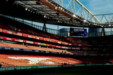 UEFA Şampiyonlar Ligi çeyrek final maçından önce Emirates Stadyumu 'nun detaylı bir görüntüsü 8 Nisan 2025' te Emirates Stadyumu 'nda Arsenal ve Real Madrid karşılaşması.
