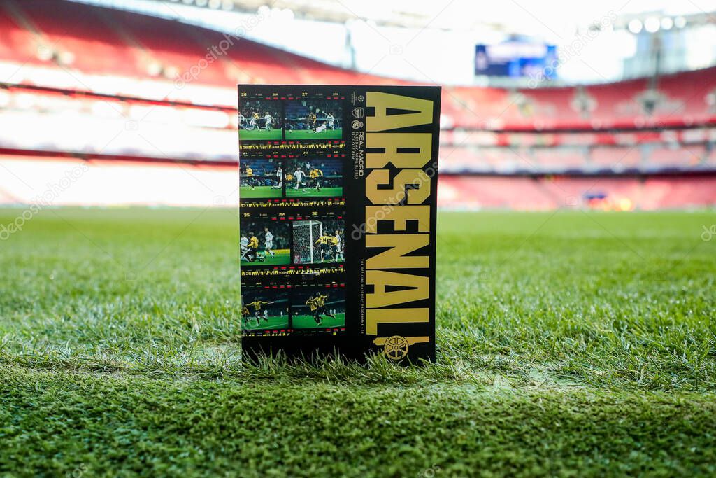 A general view of the match day programme prior to the UEFA Champions League Quarter-finals match Arsenal vs Real Madrid at Emirates Stadium, London, United Kingdom, 8th April 2025