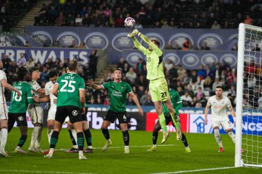 Plymouth Argyle kalecisi Conor Hazard, 9 Nisan 2025 'te Swansea.com Stadyumu' nda oynanan Swansea City - Plymouth Argyle maçında topu temizliyor.
