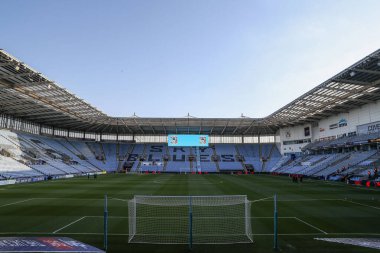 Coventry Building Society Arena 'nın genel görüşü, Coventry City' nin 9 Nisan 2025 'te Coventry City' nin Portsmouth 'a karşı oynadığı Sky Bet Şampiyonası öncesinde oynadığı stadyum.