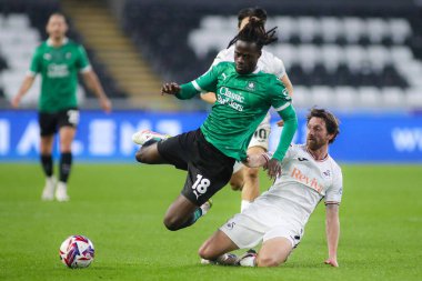 Swansea City takımından Joe Allen, Swansea.com Stadyumu 'nda Swansea.com, Swansea, Birleşik Krallık' ta oynanan Sky Bet Şampiyonası maçında Plymouth Argyle ile Darko Gyabi 'yi yere serdi.