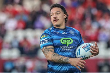 Wigan Warriors takımından Tyler Dupree, Betfred Süper Lig 7. Raundunda ısınma turunda Hull KR, Wigan Warriors 'a karşı Sewell Group Craven Park, Kingston üzerine Hull, Birleşik Krallık, 11 Nisan 2025
