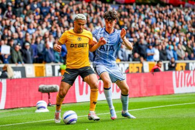 Wolverhampton Wanderers takımından Joao Gomes, Tottenham Hotspur 'a karşı oynanan Premier League maçında Tottenhampton Wanderers maçında Tottenham Hotspur, Wolineux, Wolverhampton, Birleşik Krallık' ta 13 Nisan 2025 tarihinde Archie Gray tarafından baskı altına alındı.