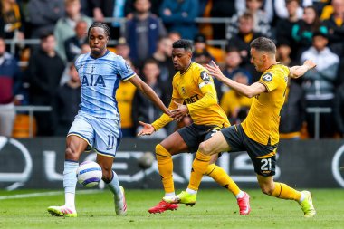 Tottenham Hotspur 'dan Mathys Tel, Wolverhampton Wanderers - Tottenham Hotspur maçı sırasında Wolverhampton Wanderers' dan Daniel Bentley ve Pablo Sarabia tarafından baskı altına alındı.