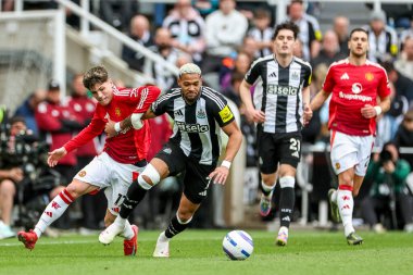 Newcastle United 'dan Joelinton, Manchester United Premier Lig karşılaşmasında Manchester United' a karşı St. James 's Park, Newcastle, İngiltere' de 13 Nisan 2025 'de oynanan karşılaşmada Manchester United' dan Alejandro Garnacho tarafından baskı altına alındı.