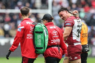 Wigan Warriors takımından Tyler Dupree, 18 Nisan 2025 'te İngiltere' nin Wigan şehrinde oynanan The Brick Community Stadyumu 'nda oynanan 8.