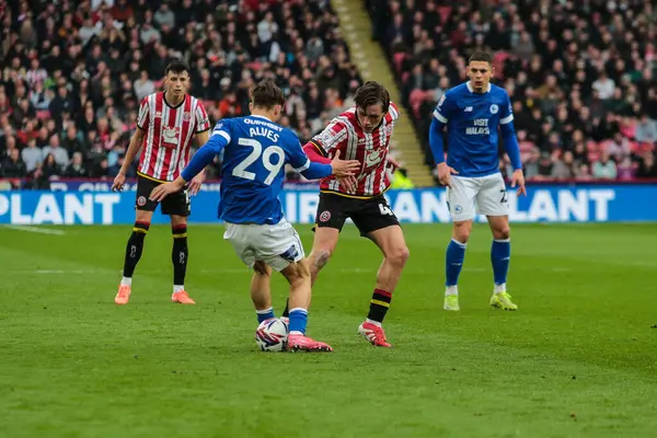 Sheffield United takımından Sydie Peck, Sheffield Lane, Sheffield, Birleşik Krallık 'ta Sheffield United' a karşı Cardiff City 'de 18 Nisan 2025' de oynanan maçta Cardiff City 'den Will Alves' i yendi.