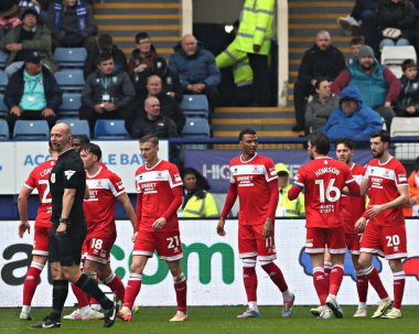 Middlesborough Middlesborough, Sheffield, İngiltere 'de 21 Nisan 2025' te oynanan ve Middlesbrough 'a karşı oynanan Gökyüzü İddia Şampiyonası maçında Middlesbrough' dan Finn Azaz 'ın attığı ilk golü kutluyor.