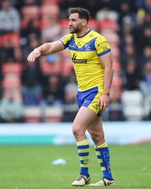 Warrington Kurtları 'ndan Toby King, 19 Nisan 2025' te Leigh Spor Köyü 'nde oynanan Betfred Süper Lig 8. Raundunda Leigh Leopards ve Warrington Wolves maçında tepki gösterdi.