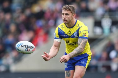 Warrington Wolves 'tan Sam Powell, 19 Nisan 2025' te Leigh Spor Köyü 'nde oynanan Betfred Süper Lig 8. Raundunda Leigh Leopards ve Warrington Wolves maçında pas verdi.