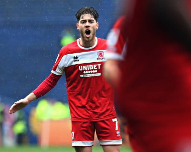 Middlesbrough Futbol Kulübü 'nden Hayden Hackney, 21 Nisan 2025' te İngiltere 'nin Sheffield kentinde Çarşamba günü Middlesbrough' a karşı oynanan Gökyüzü İddia Şampiyonası maçında haykırıyor.