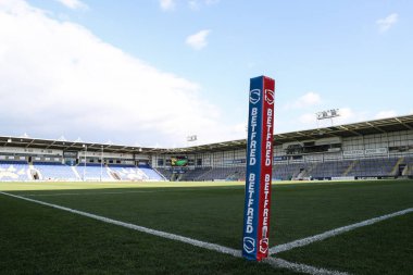 Warrington Wolves 'un evindeki Halliwell Jones Stadyumu' nun genel görünümü, 9. Betfred Süper Ligi karşılaşması öncesinde Warrington Wolves St. Helens 'e karşı Halliwell Jones Stadyumu, Warrington, Birleşik Krallık, 24 Nisan 2025