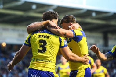 Warrington Wolves 'tan Toby King, 24 Nisan 2025' te İngiltere 'nin Warrington kentinde oynanan Betfred Süper Lig 9. Raundundaki Warrington Wolves-St Helens maçında 4-0' lık galibiyetini kutluyor.