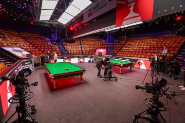 Crucible Tiyatrosu 'nun Crucible Theatre, Sheffield, Birleşik Krallık' ta düzenlenen 2025 Halo Dünya Snooker Şampiyonası 'ndaki genel görüntüsü.