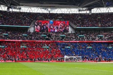 Crystal Palace taraftarları, 26 Nisan 2025 'te İngiltere' nin Wembley Stadyumu 'ndaki Kristal Saray ile Aston Villa arasında oynanan FA Cup yarı final karşılaşmasında bayrak sallıyor.
