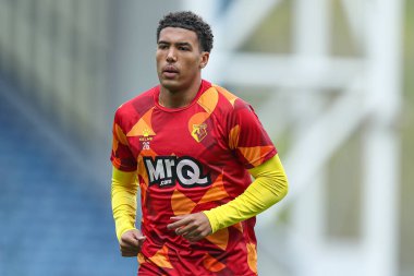 Watford 'dan Caleb Wiley, 26 Nisan 2025' te İngiltere 'de Blackburn Park' ta Blackburn Rovers 'a karşı oynanan Gökyüzü İddia Şampiyonası karşılaşması öncesinde ısınıyor.