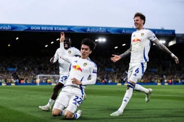 Leeds United takımından Ao Tanaka, 28 Nisan 2025 'te İngiltere' nin Leeds şehrinde oynanan ve Leeds United ile Bristol City arasındaki Sky Bet Şampiyonası maçında 1-0 yenilen golünü kutluyor.