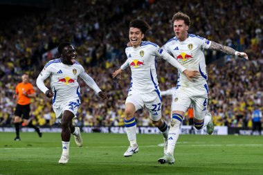 Leeds United takımından Ao Tanaka, 28 Nisan 2025 'te İngiltere' nin Leeds şehrinde oynanan ve Leeds United ile Bristol City arasındaki Sky Bet Şampiyonası maçında 1-0 yenilen golünü kutluyor.