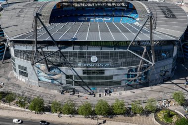 Premier Lig maçında Etihad Stadyumu 'nun havadan görüntüsü Manchester City ile Wolverhampton Wanderers arasında 2 Mayıs 2025' te Etihad Stadyumu 'nda oynandı.