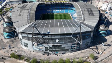 Premier Lig maçında Etihad Stadyumu 'nun havadan görüntüsü Manchester City ile Wolverhampton Wanderers arasında 2 Mayıs 2025' te Etihad Stadyumu 'nda oynandı.