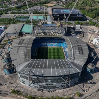 Premier Lig maçında Etihad Stadyumu 'nun havadan görüntüsü Manchester City ile Wolverhampton Wanderers arasında 2 Mayıs 2025' te Etihad Stadyumu 'nda oynandı.