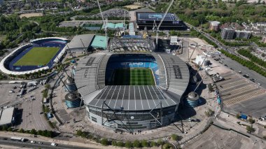Premier Lig maçında Etihad Stadyumu 'nun havadan görüntüsü Manchester City ile Wolverhampton Wanderers arasında 2 Mayıs 2025' te Etihad Stadyumu 'nda oynandı.