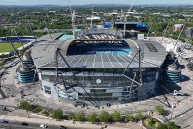 Premier Lig maçında Etihad Stadyumu 'nun havadan görüntüsü Manchester City ile Wolverhampton Wanderers arasında 2 Mayıs 2025' te Etihad Stadyumu 'nda oynandı.