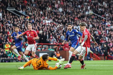 Athletic Bilbao 'dan Julen Agirrezabala, Manchester United' ın 8 Mayıs 2025 tarihinde Old Trafford, Manchester, İngiltere 'de oynanan UEFA Avrupa Ligi yarı final karşılaşmasında Alejandro Garnacho' nun attığı şutu engelledi.