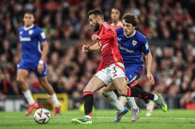 Manchester United takımından Noussair Mazraoui, UEFA Avrupa Ligi yarı final maçı sırasında Manchester United ile Manchester United 'ın Manchester, İngiltere' deki Old Trafford, Manchester, 8 Mayıs 2025 'te oynadığı karşılaşmada Athletic Bilbao' yu geride bıraktı.