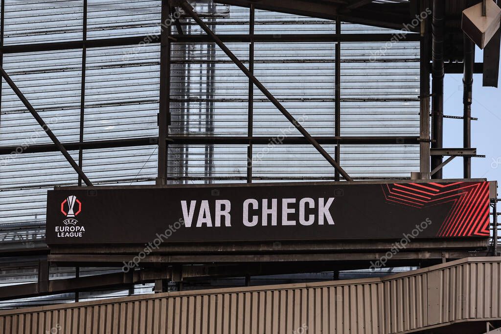VAR check for a possible penalty for Manchester United during the UEFA Europa League Semi-final match Manchester United vs Athletic Bilbao at Old Trafford, Manchester, United Kingdom, 8th May 2025