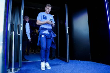 Brentford 'dan Liam Delap, Ipswich Town ile Brentford arasındaki Premier Lig maçı öncesinde Ipswich Road, Ipswich, İngiltere' de 10 Mayıs 2025 'te Portman Road' a vardı.