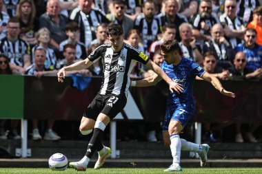 Newcastle United takımından Tino Livramento, Premier League karşılaşması sırasında Chelsea 'li Pedro Neto' yu St.James 's Park, Newcastle, 11 Mayıs 2025' te yendi.