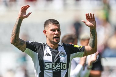 Newcastle United takımından Bruno Guimares, 11 Mayıs 2025 'te St. James' s Park, Newcastle, İngiltere 'de oynanan Premier League karşılaşmasında taraftarlarıyla 2-0' lık galibiyeti kutluyor.
