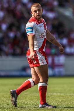 Hull KR takımından Mikey Lewis, 10 Mayıs 2025 'te LNER Halk Stadyumu' nda oynanan yarı final karşılaşmasında Hull KR, Catalans Dragons 'a karşı.