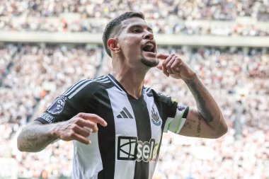 Newcastle United takımından Bruno Guimares, 11 Mayıs 2025 'te St. James' s Park, Newcastle, İngiltere 'de oynanan Premier League karşılaşmasında 2-0 kazanma hedefini kutluyor.