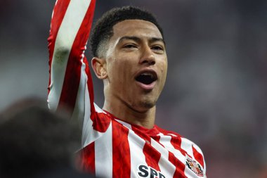 Sunderland 'dan Jobe Bellingham, 13 Mayıs 2025' te İngiltere 'nin Sunderland kentinde oynanan Sunderland-Coventry City maçında Gökyüzü İddia Şampiyonası yarı final maçında galibiyeti kutluyor.