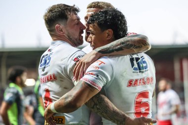 St. Helens 'li Tristan Sailor, 15 Mayıs 202' de St Helens - Catalans Dragons maçında oynanan Betfred Süper Lig karşılaşmasını kutluyor.