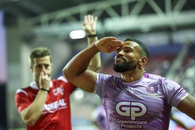 Wigan Warriors 'dan Kruise Leeming, 16 Mayıs 2025' te İngiltere 'nin Wigan şehrindeki Brick Community Stadyumu' nda oynanan 11.