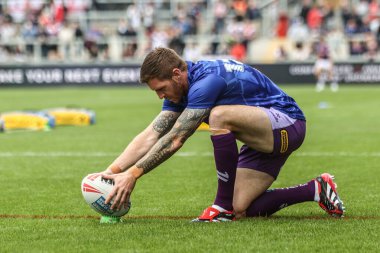 Warrington Wolves takımından Marc Sneyd, maç öncesi ısınma turunda 11. Betfred Süper Lig karşılaşmasında Wakefield Trinity vs Warrington Wolves 'a karşı DIY Kitchens Stadyumu, Wakefield, Birleşik Krallık, 18 Mayıs 202