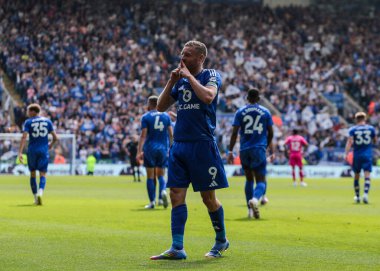 Leicester City 'den Jamie Vardy, 18 Mayıs 202' de King Power Stadyumu 'nda oynanan Premier League maçında Leicester City-Ipswich Town maçında 1-0' lık galibiyetini kutluyor.